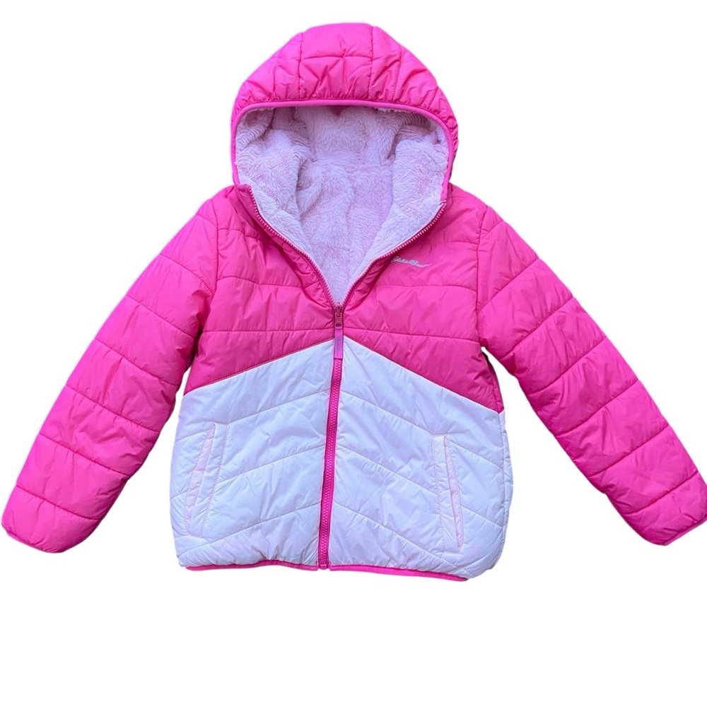 Eddie Bauer Girls M 10/12 Reversible Hooded Puffer Plush Coat Hot Pink Baby Pink